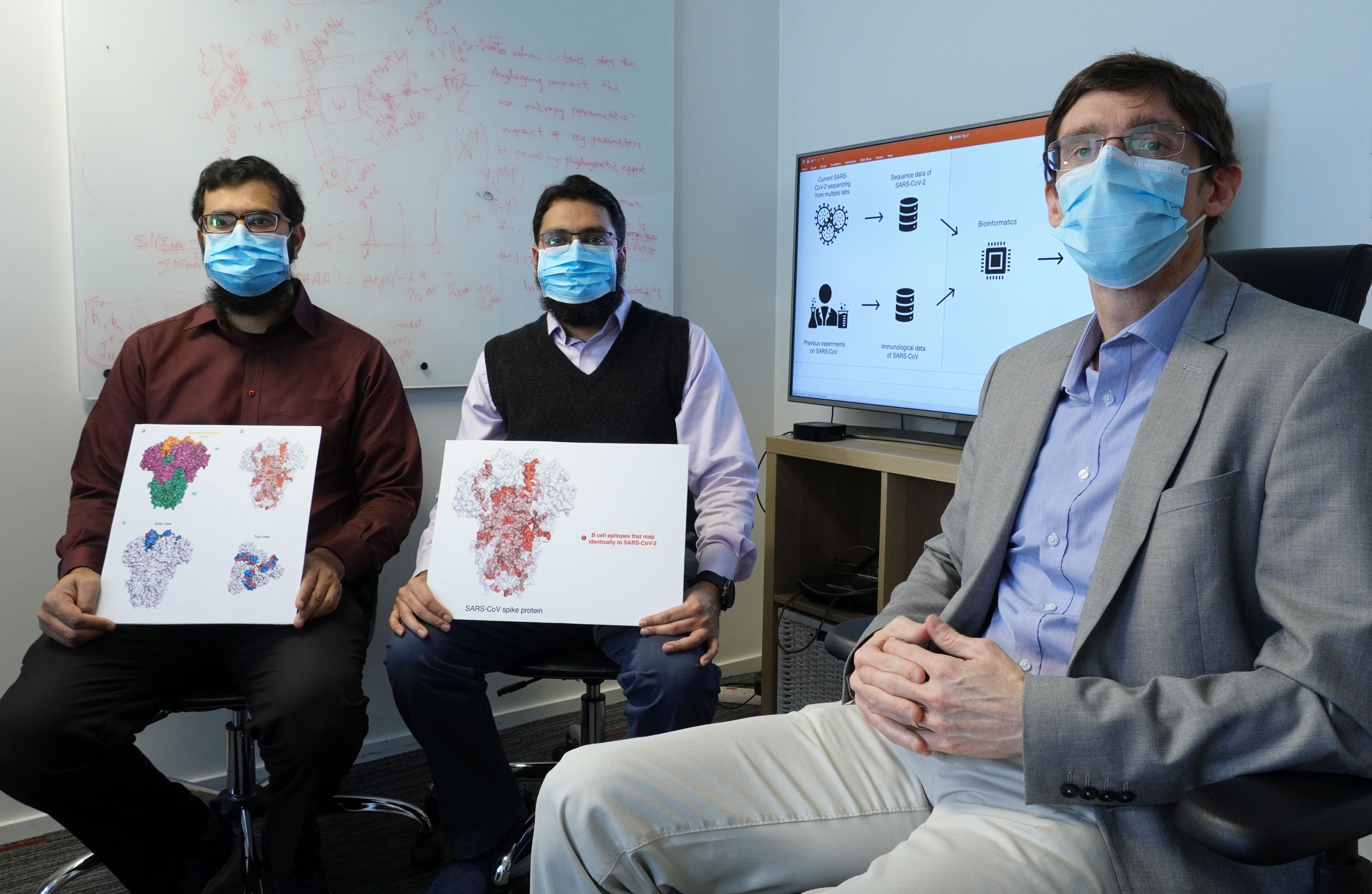 The research team (from right) – Prof. Matthew McKay, Professor at HKUST’s Department of Electronic & Computer Engineering and Department of Chemical & Biological Engineering; Dr. Ahmed Abdul Quadeer, Research Associate at the Department of Electronic & Computer Engineering; and Mr. Syed Faraz AHMED, PhD student – recently identified a set of potential vaccine targets which could be helpful for the development of a vaccine against the SARS-CoV-2 coronavirus.