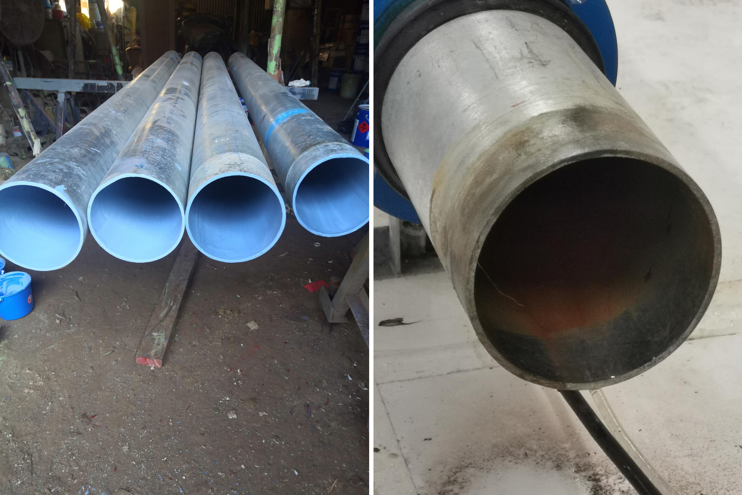 Water pipes (left) with MAP-1 coating and water pipe (right) without.