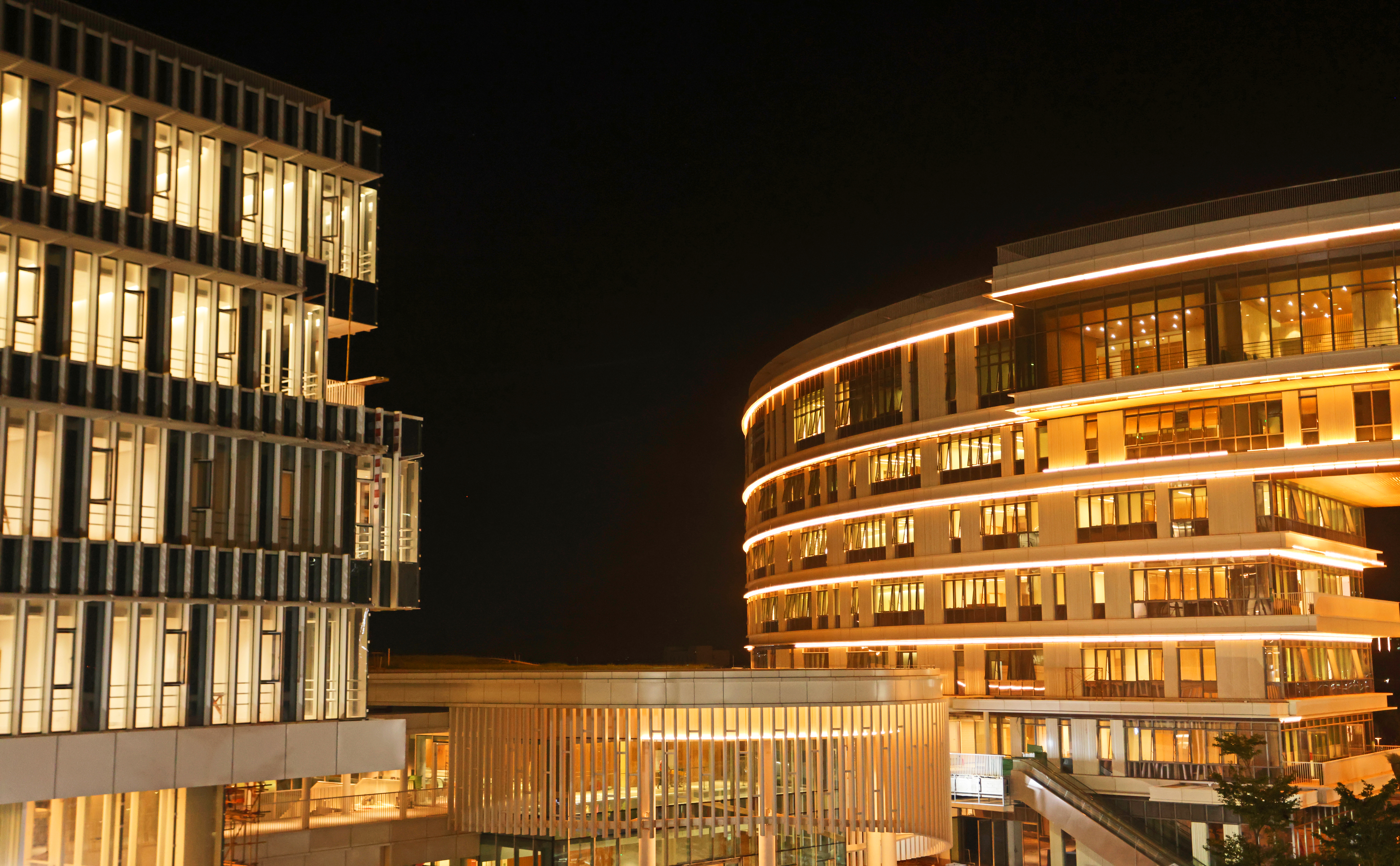 Night view of the core complex of the HKUST(GZ) campus, including Student Activity Center and the Administration Building.