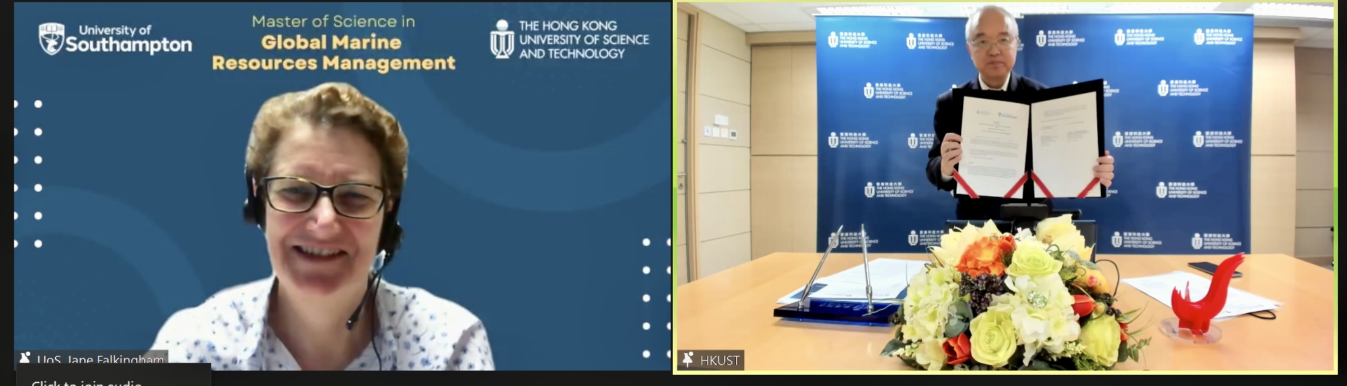 Prof. Jane FALKINGHAM, Vice-President of International and Engagement at the University of Southampton (left) and Prof. WANG Yang, Vice-President for Institutional Advancement at HKUST (right) sign an agreement to jointly launch the Dual Master’s Degree Program in Global Marine Resources Management