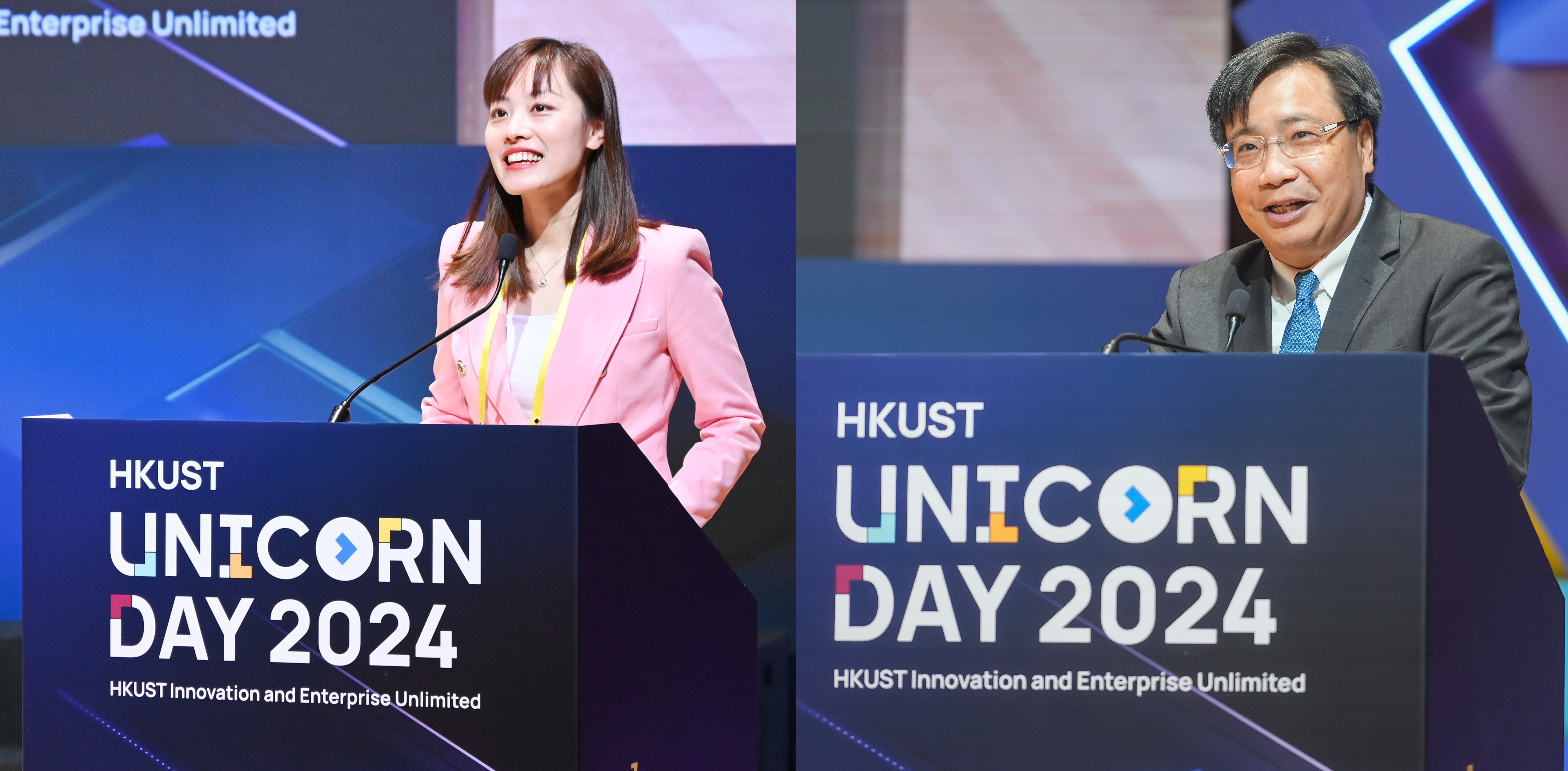 Under Secy for Innovation, Technology and Industry Ms. Lillian CHEONG (left) and the Commissioner for Innovation and Technology Mr. Ivan LEE (right) deliver speeches.  