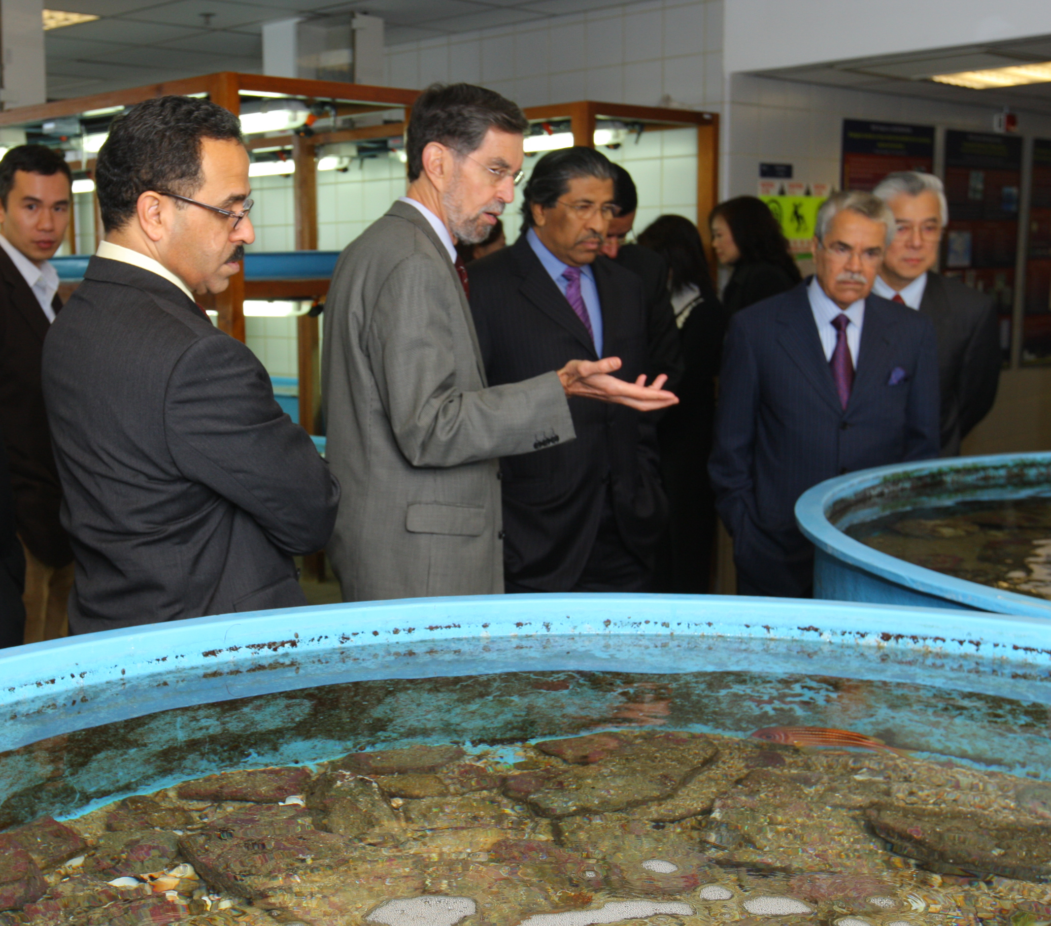  沙 特 阿 拉 伯 王 国 石 油 与 矿 产 资 源 大 臣 暨 阿 卜 杜 拉 国 王 科 技 大 学 校 董 会 主 席 His Excellency Ali I. Naimi （ 右 二 ） 参 观 香 港 科 大 的 海 岸 海 洋 实 验 室 。