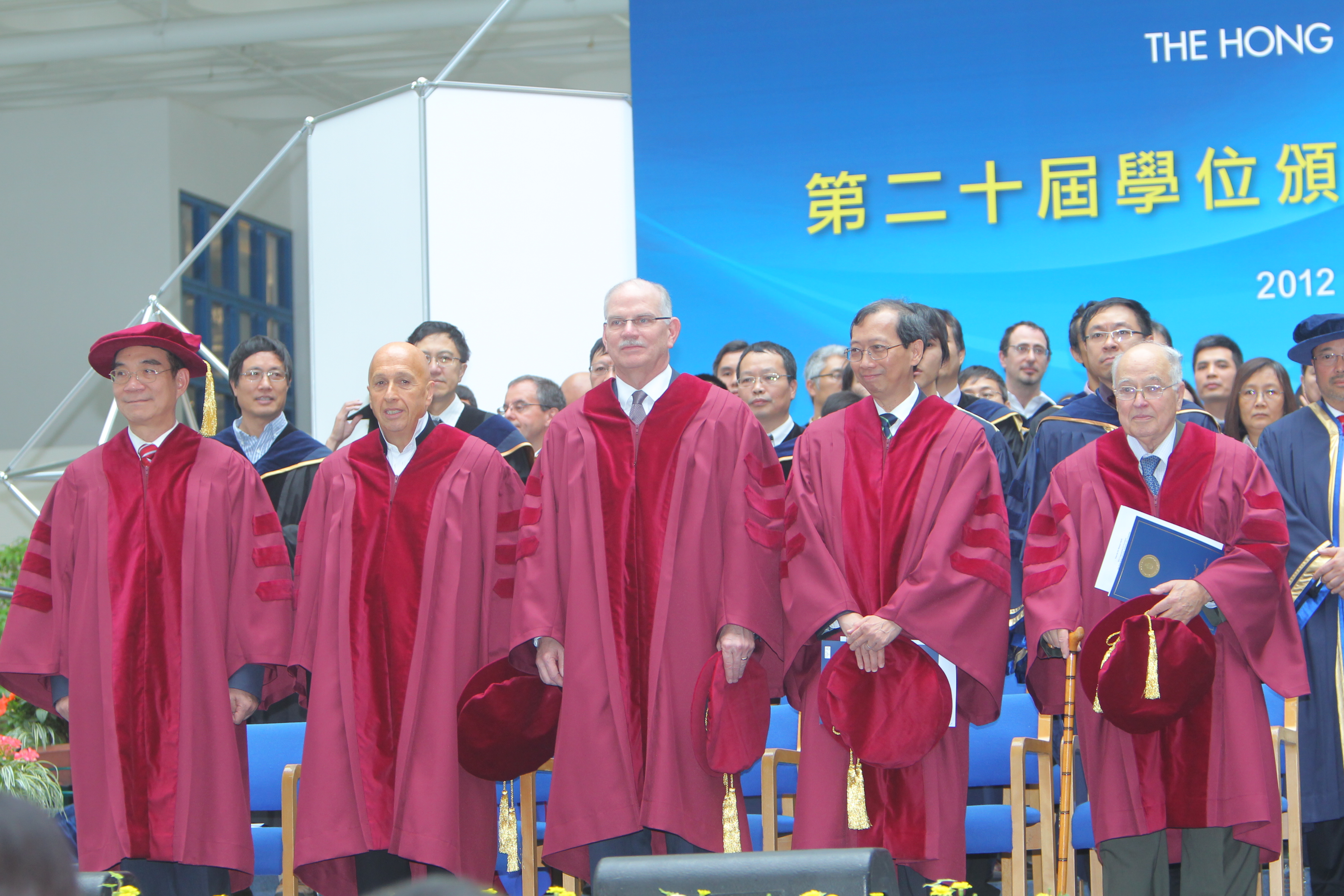 The five honorary doctorate recipients: (from left) Prof Justin Yifu Lin, Dr the Hon Allan Zeman, Prof H Vincent Poor, Prof Yuk-Shee Chan and Sir Michael Atiyah.