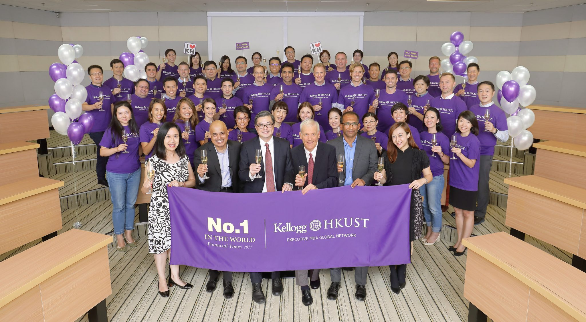  The participants of the Kellogg-HKUST EMBA Program celebrate with (front row from left): Ms Judy Au, Program Director; Prof Milind Rao, four times Faculty of the Year; Prof Tam Kar Yan, Dean of HKUST Business School; Prof Steven Dekrey, Associate Dean of HKUST Business School; Prof Jaideep Sengupta, Academic Director, and Ms Eva Wong, Deputy Program Director.