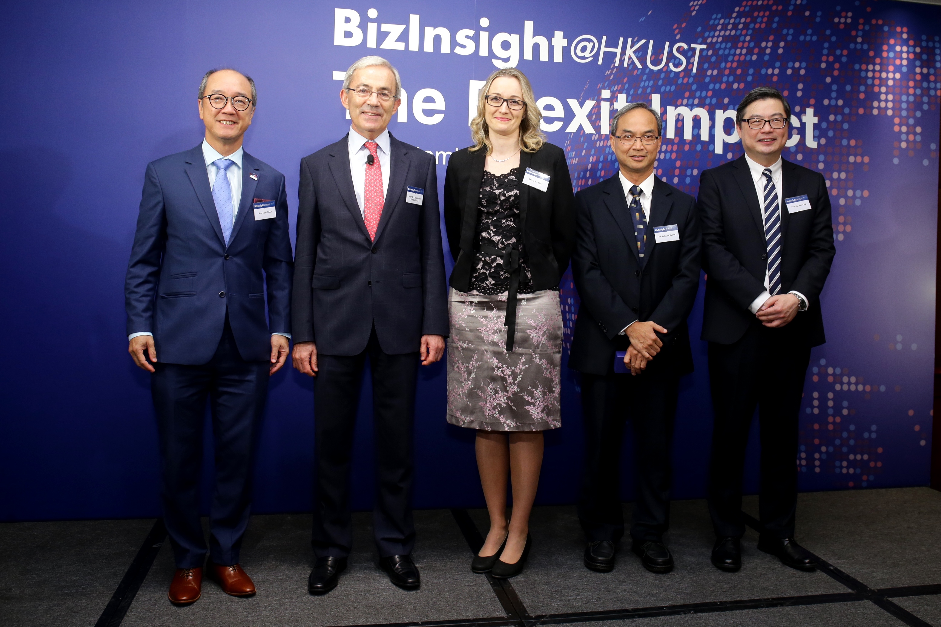  (From left) Prof Tony F Chan, President of HKUST; Prof Sir Christopher Pissarides, IAS Helmut &amp; Anna Pao Sohmen Professor-at-Large; Ms Jo Hawley, Director of UK Trade &amp; Investment, British Consulate-General in Hong Kong; Mr Nicholas Kwan, Director of Research, the Hong Kong Trade Development Council; Prof Kar Yan Tam, Dean of the HKUST Business School.