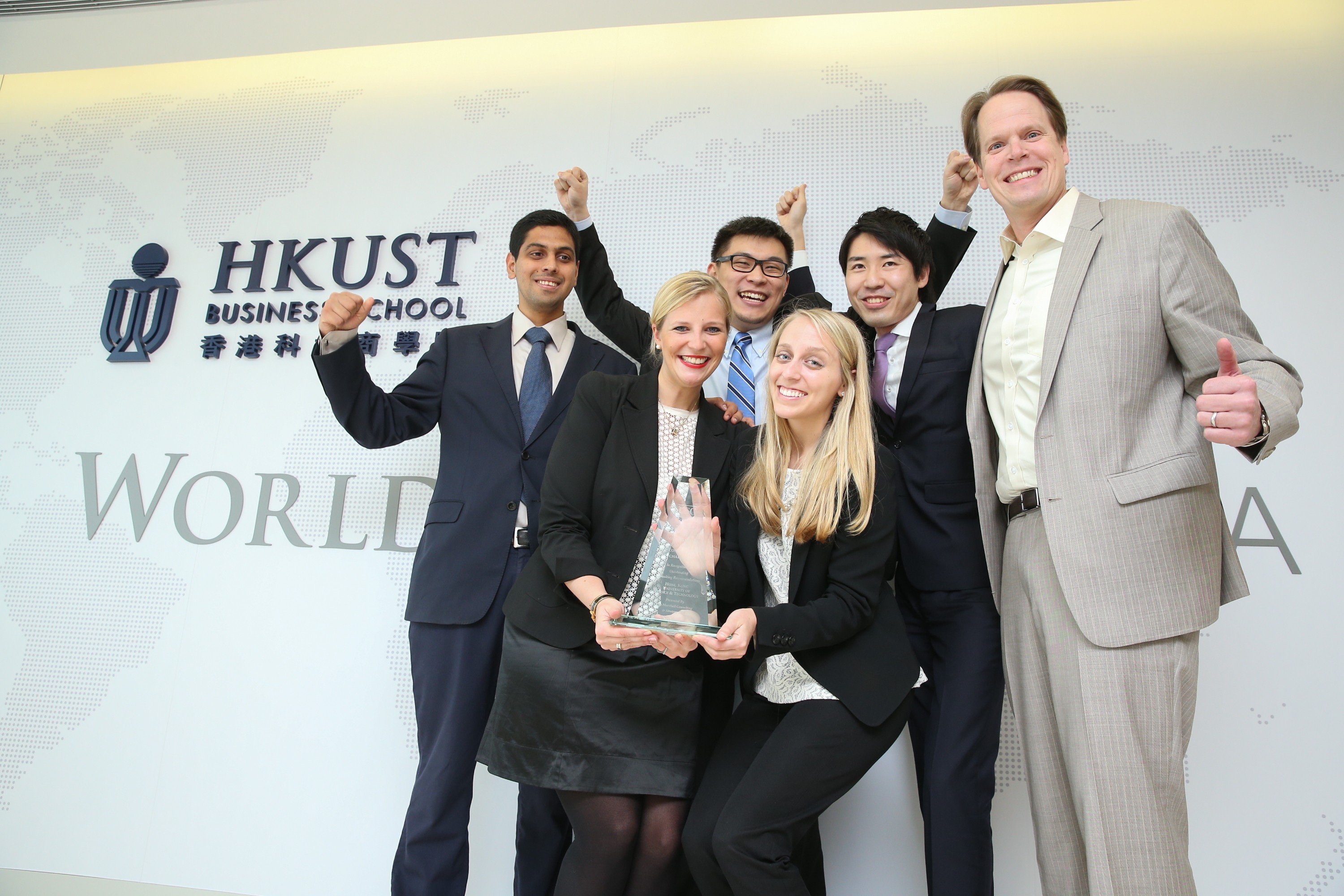  The HKUST winning team: front row (from left) Claudia-Catharina Hase and Lauren Bonds; back row (from left) Sashank Lanka, Shane Xiong, Hiraku Tsuzuki, and team advisor Professor Stephen Nason.