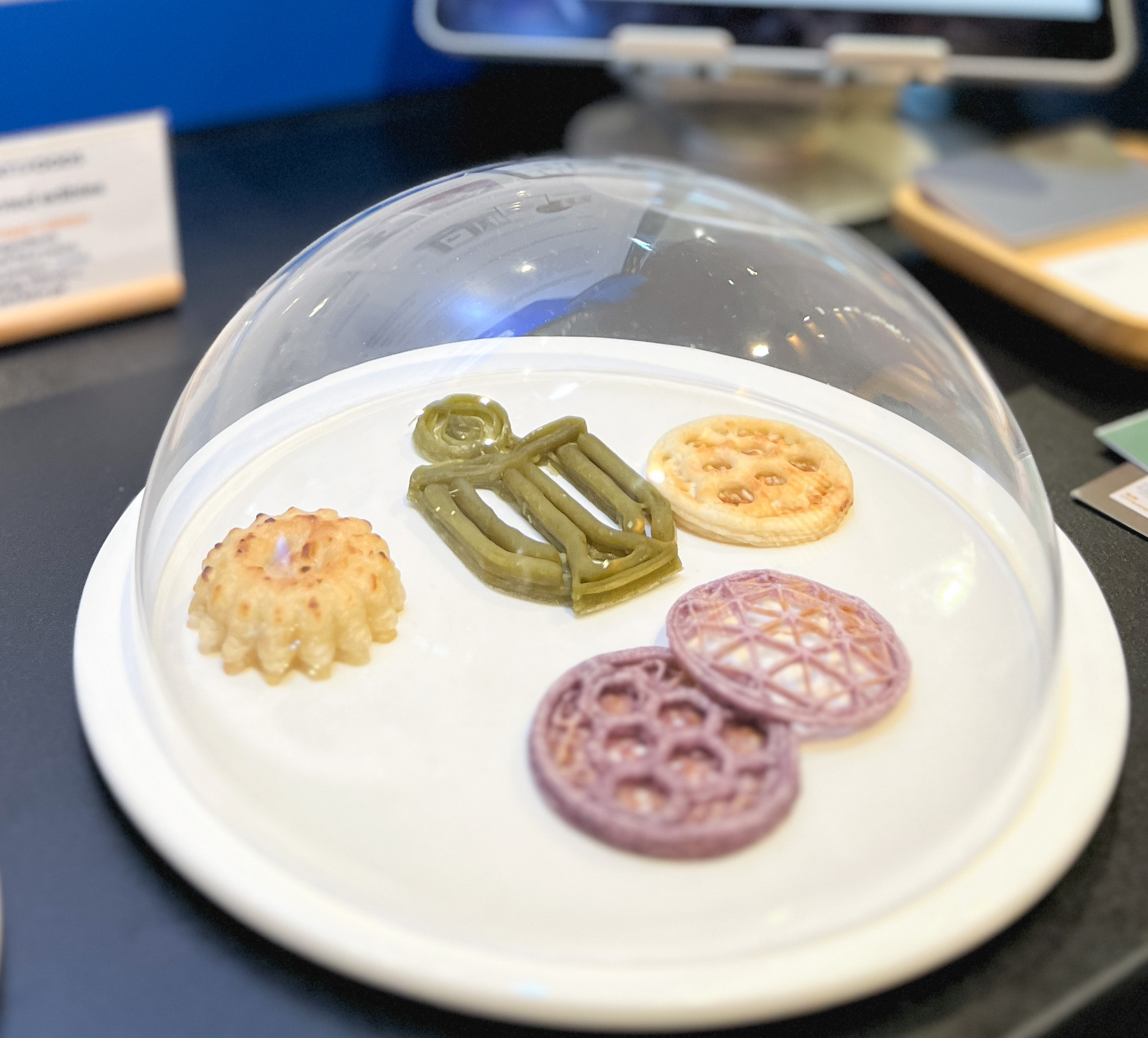 Produced by the 3D food printer, the starch-based food items retain their intended shape and quality.