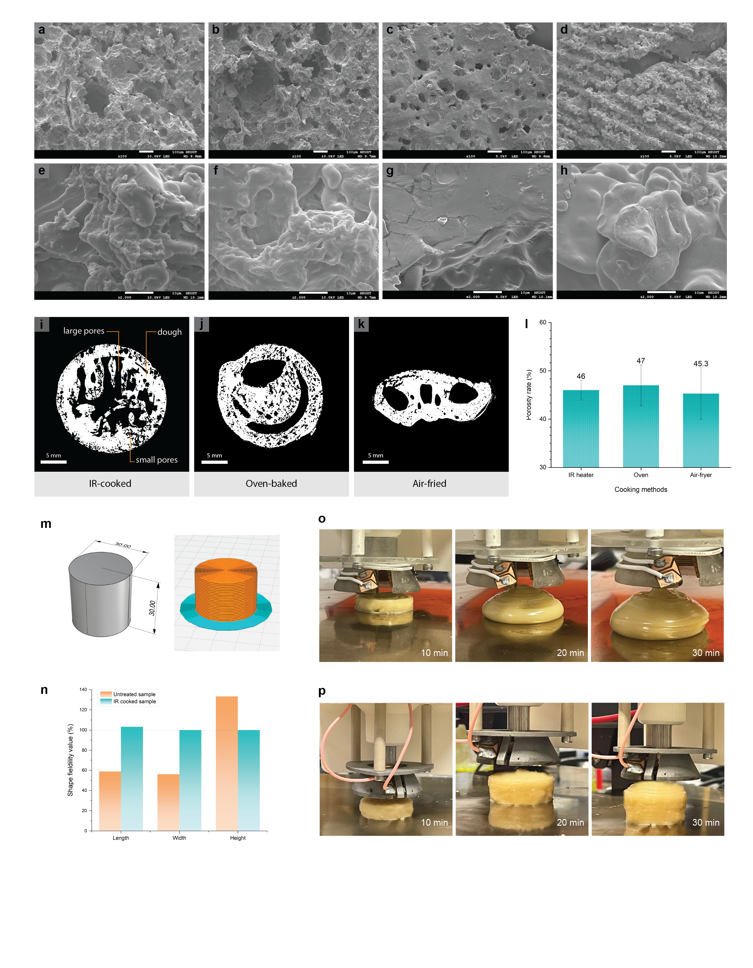a–d) SEM images at ×100 magnification of starch-based dough samples processed with air-frying, oven-baking, IR cooking, and laser cooking (from left to right). e–h) SEM images at ×2000 magnification of starch-based dough samples processed with air-frying, oven-baking, IR cooking, and laser cooking (from left to right). i–k) Reconstructed micro-computed tomography 2D cross-section images of the printed dough with different cooking methods. l) Porosity rate (%) of the printed dough with different cooking meth