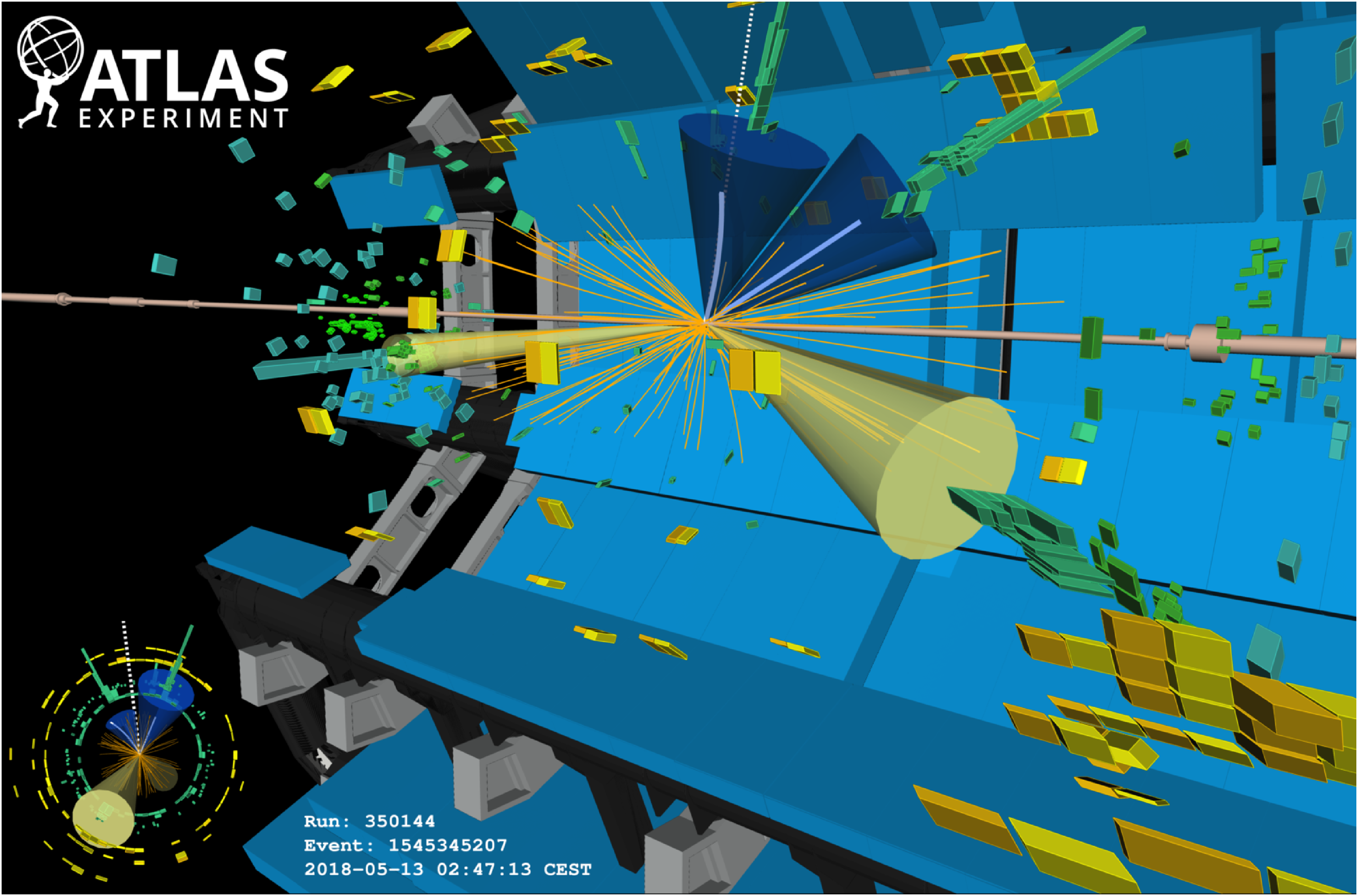 The HKUST ATLAS team has been taking the lead in measuring the properties of the Higgs boson and in developing advanced analysis techniques. The picture shows visualisation of proton-proton collision events inside the ATLAS detector, featuring production and decay of Higgs boson candidates in the main channels studied by the HKUST group. (Photos courtesy: ATLAS)