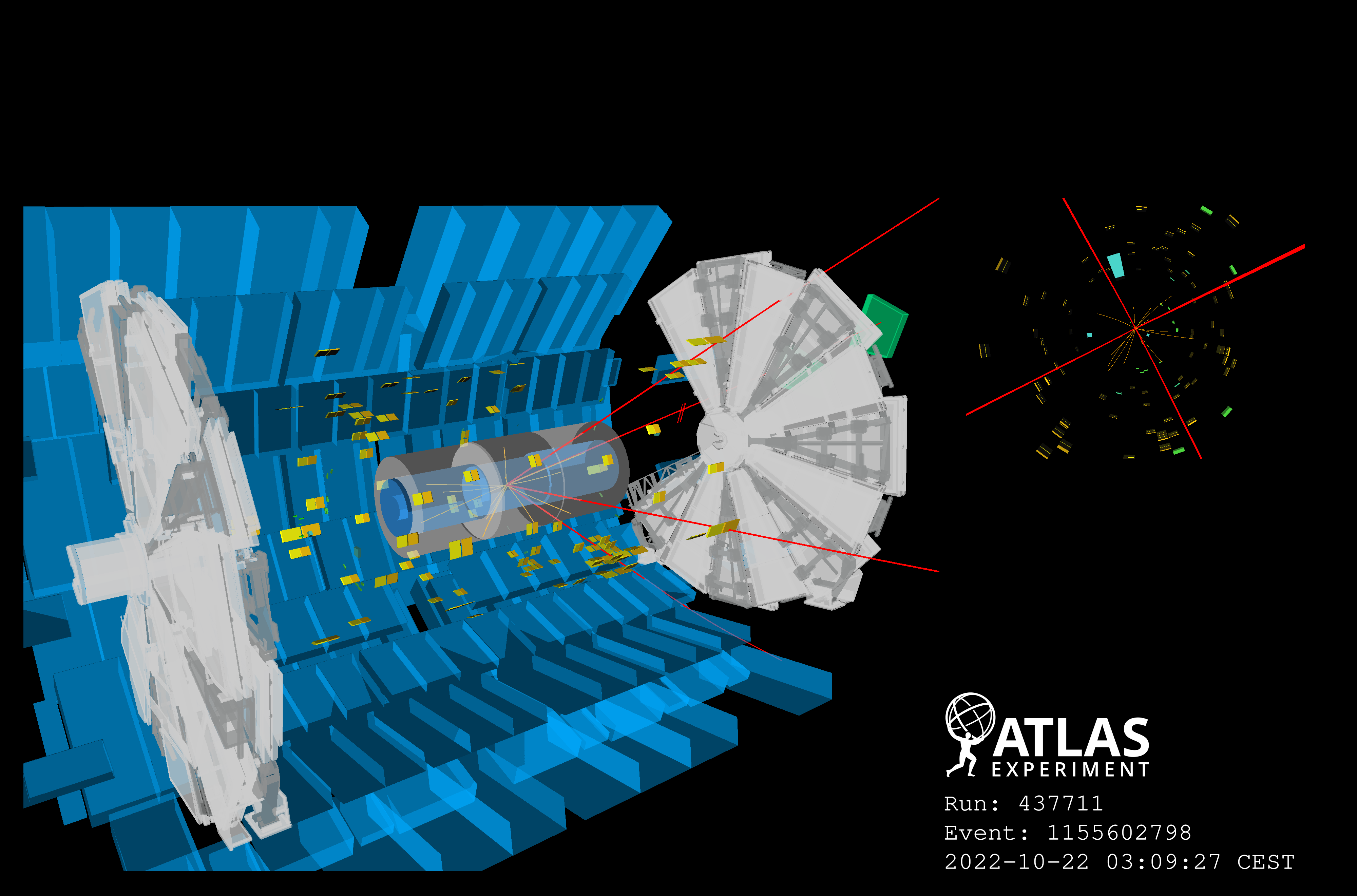 The HKUST ATLAS team has been taking the lead in measuring the properties of the Higgs boson and in developing advanced analysis techniques. The picture shows visualisation of proton-proton collision events inside the ATLAS detector, featuring production and decay of Higgs boson candidates in the main channels studied by the HKUST group. (Photos courtesy: ATLAS)