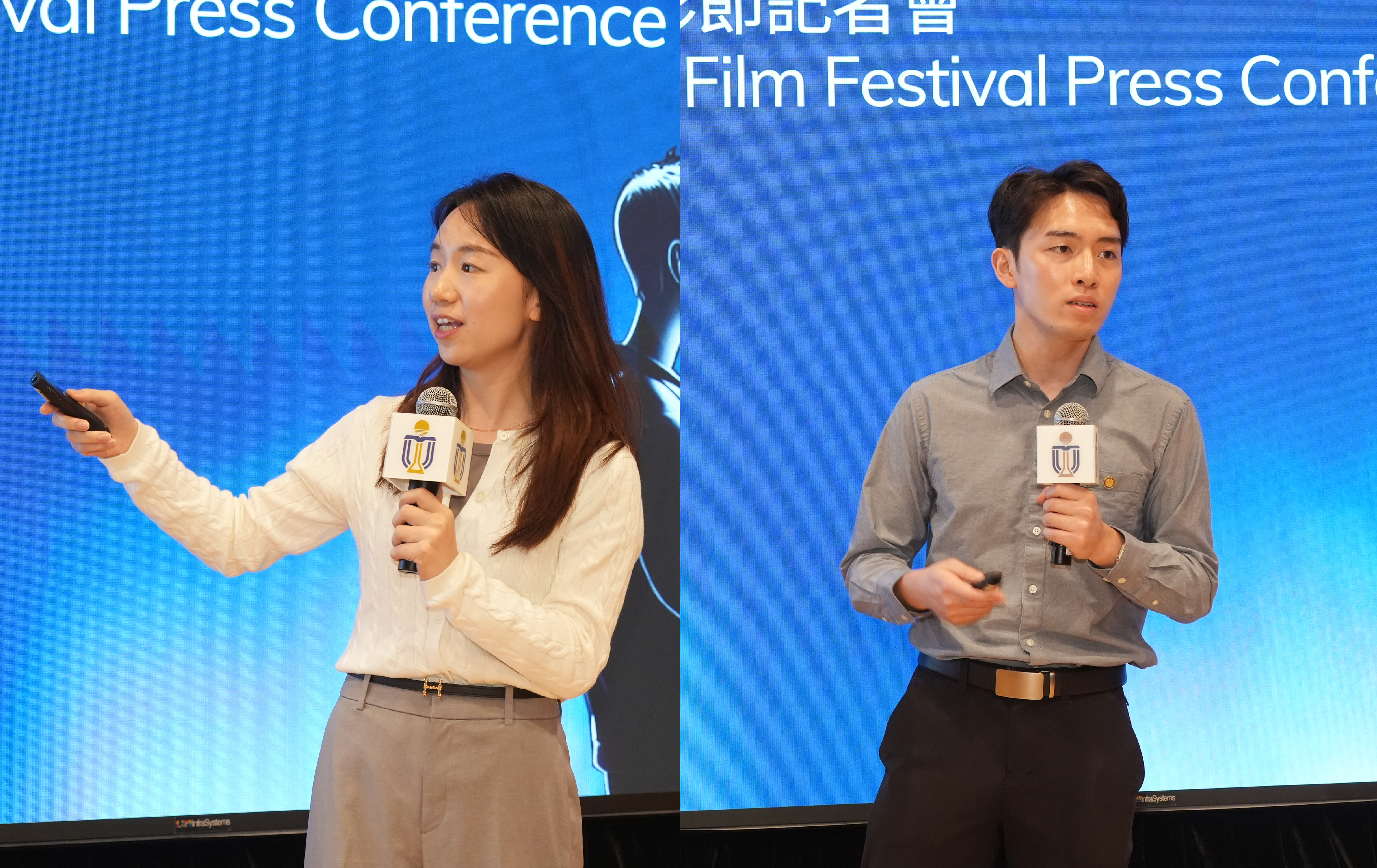 Prof. RAO Anyi (right) shares details on AI Film Festival while Prof. XU Xian (left) presents on learning and teaching of Art-tech.