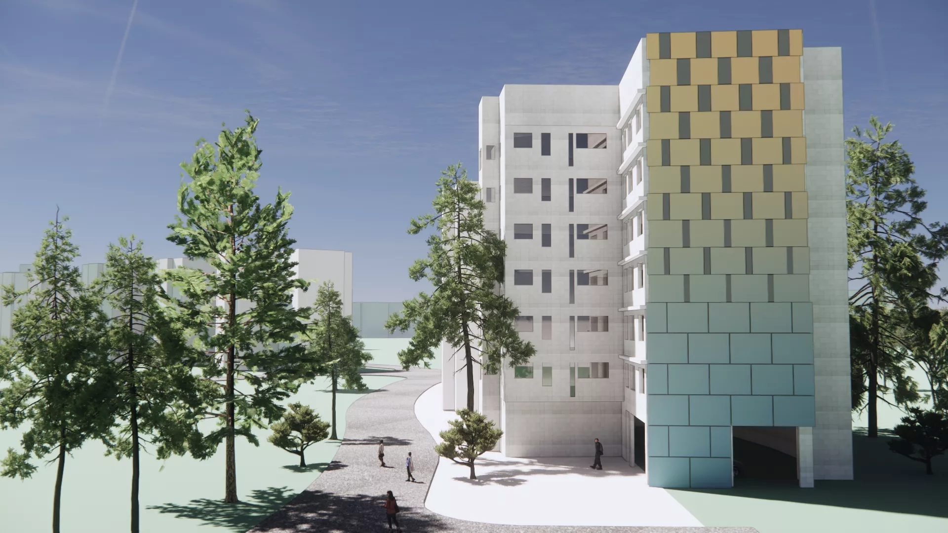 Under HKUST’s “Living Lab” approach to sustainable development, the smart building integrated photovoltaic systems (BIPV) will be Hong Kong’s first coloured BIPV installed on an existing residential building. The artist’s impression shows the coloured solar panels at the staff quarter Tower D after the installation in 2025/26. (Artist’s impression)