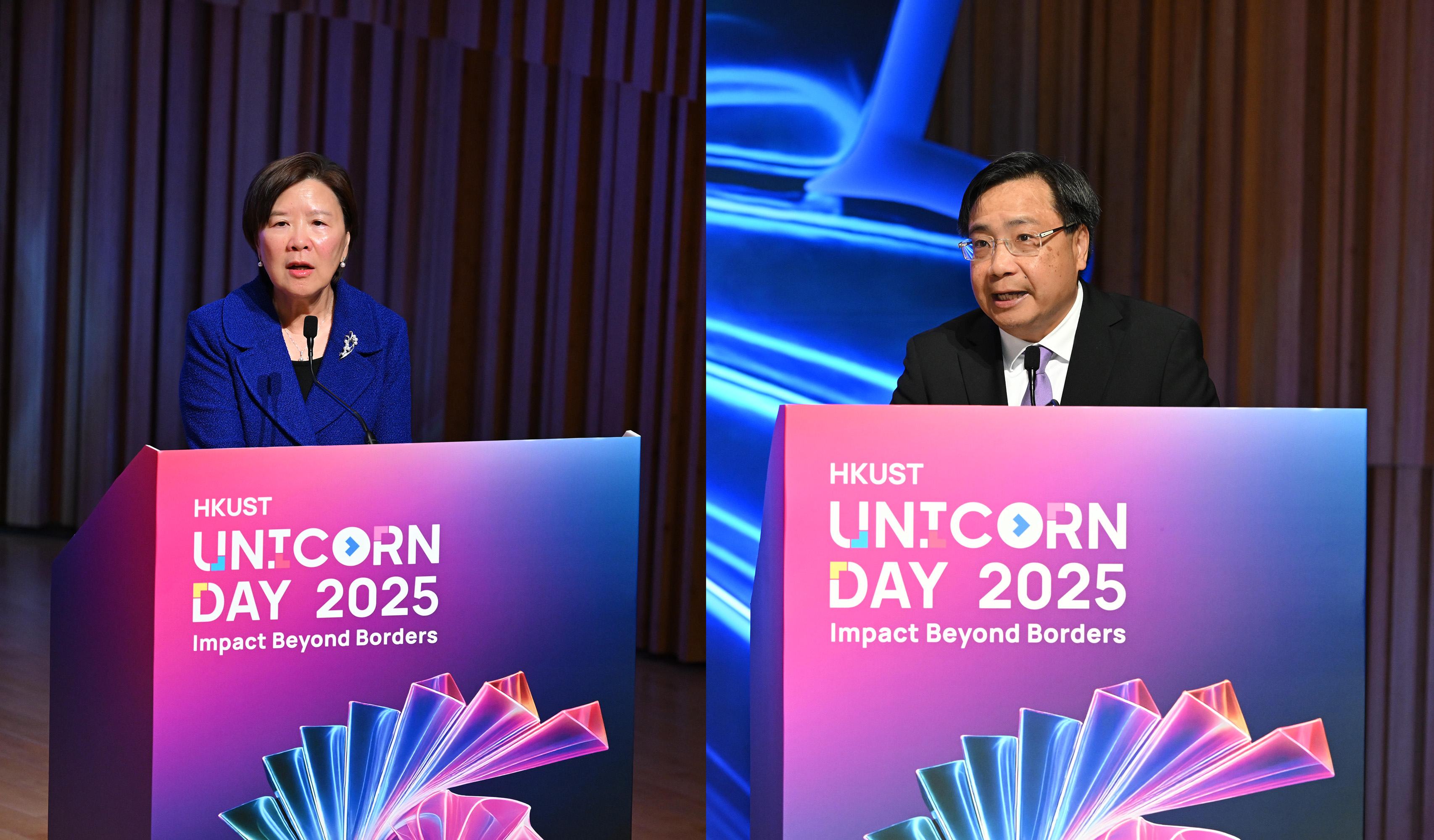 HKSAR Commissioner for Innovation & Technology Mr. Ivan LEE (right) and HKUST President Prof. Nancy IP (left) address the audience at the HKUST Unicorn Day. 