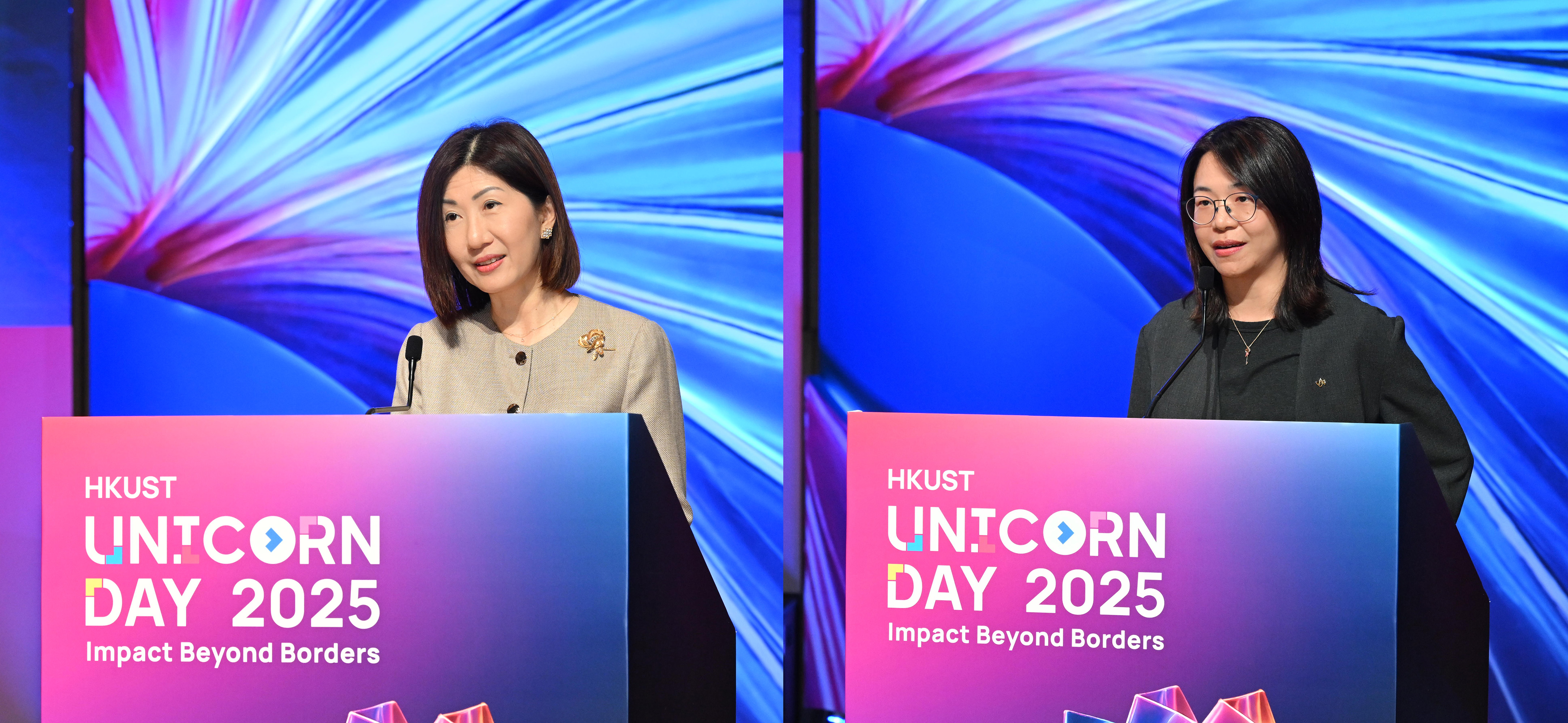 CEO of HKEX Ms. Bonnie Y CHAN (left) and General Manager of AstraZeneca Hong Kong & Macau Ms. Shan WU (right) deliver keynote addresses.