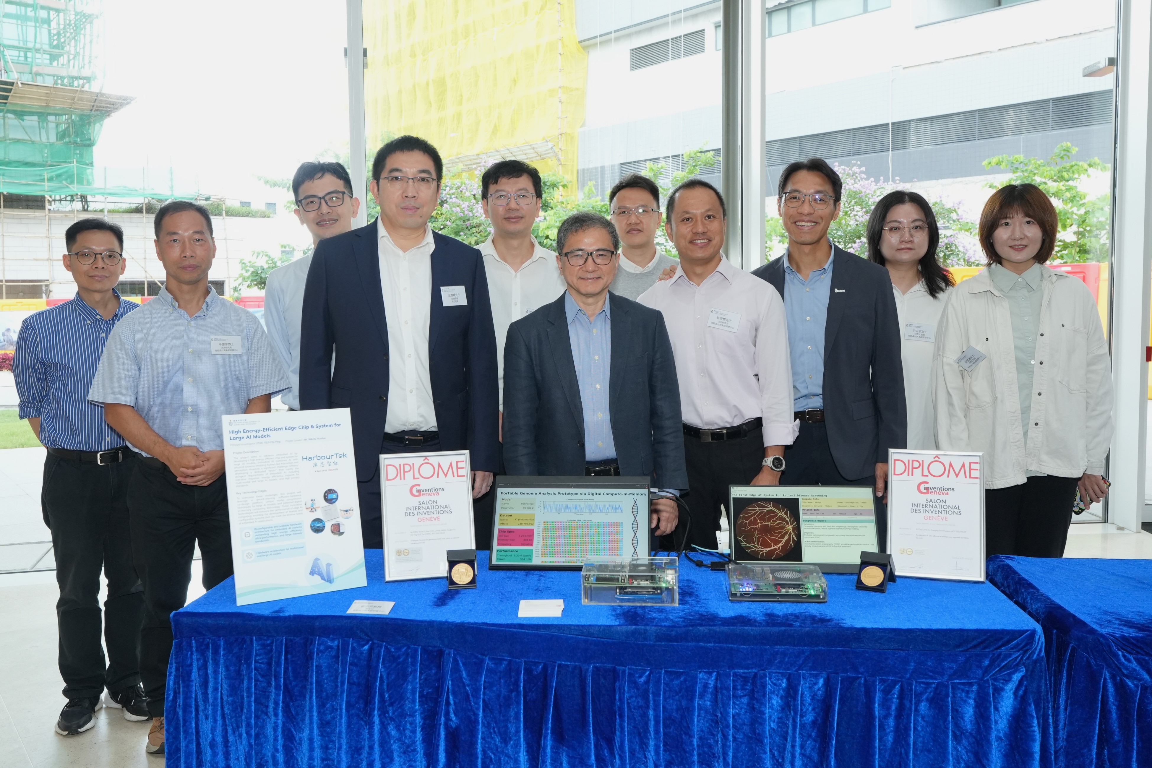 Project 4: “High Energy-Efficient Edge Chip & System for Large AI Models”. A group photo of Principal Investigator Prof. TSUI Chi-Ying, Associate Director of AI Chip Center for Emerging Smart Systems (ACCESS) & Professor of Division of Integrative Systems and Design at HKUST (front row, fourth left); Project Leader Mr. WANG Huaibin, Vice President of HarbourTek; and other team members.