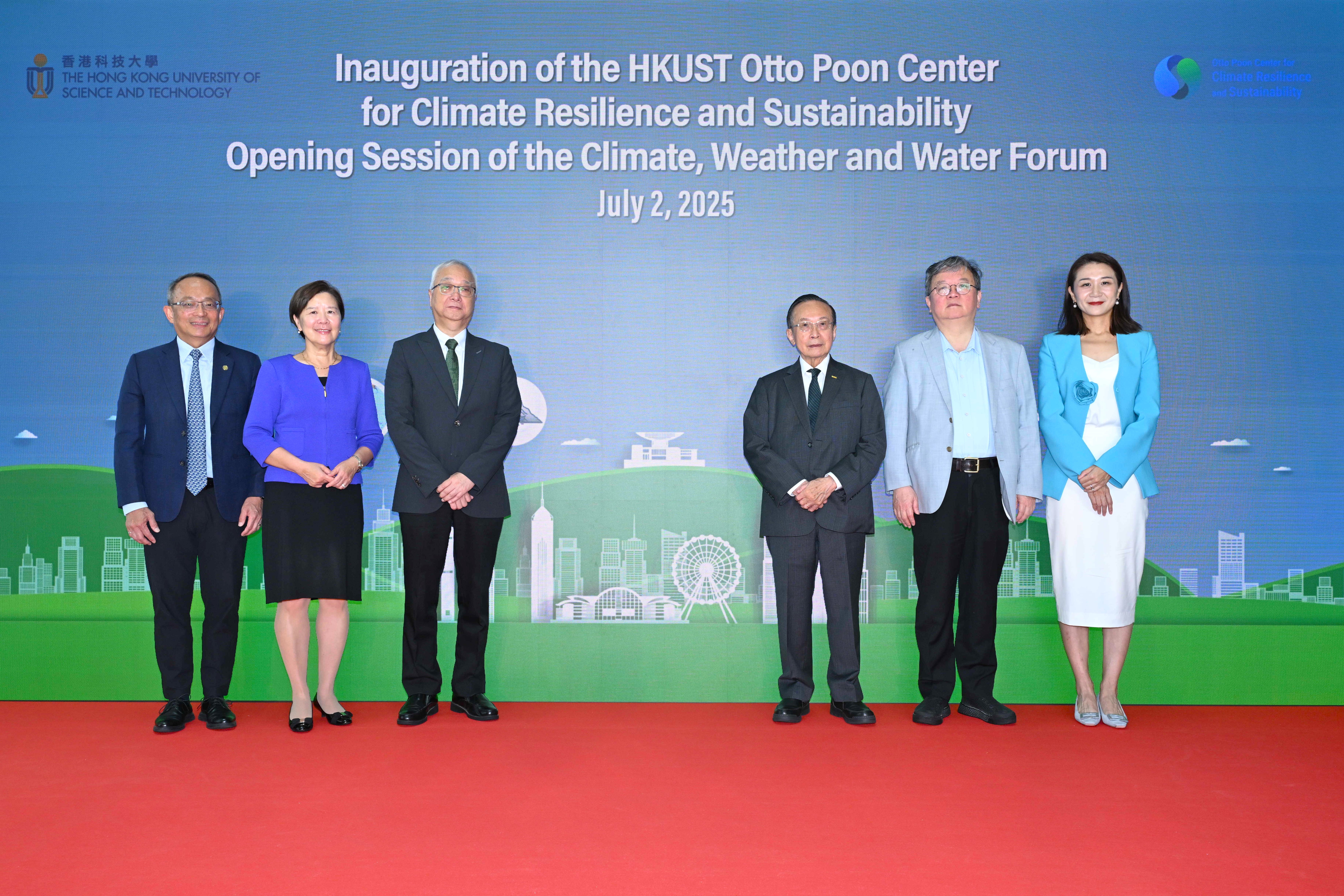 HKUST Otto Poon Centre for Climate Resilience and Sustainability is established with the generous support of the Otto Poon Charitable Foundation. At its inauguration, officiating guests included HKSAR Secretary for Environment and Ecology Mr. TSE Chin-Wan (third left), Ir Dr. Otto POON (third right), HKUST President Prof. Nancy IP (second left), Provost Prof. GUO Yike (second right), Vice President for Research and Development Prof. Tim CHENG (first left), and CCRS Director Prof. LU Mengqian (first right).