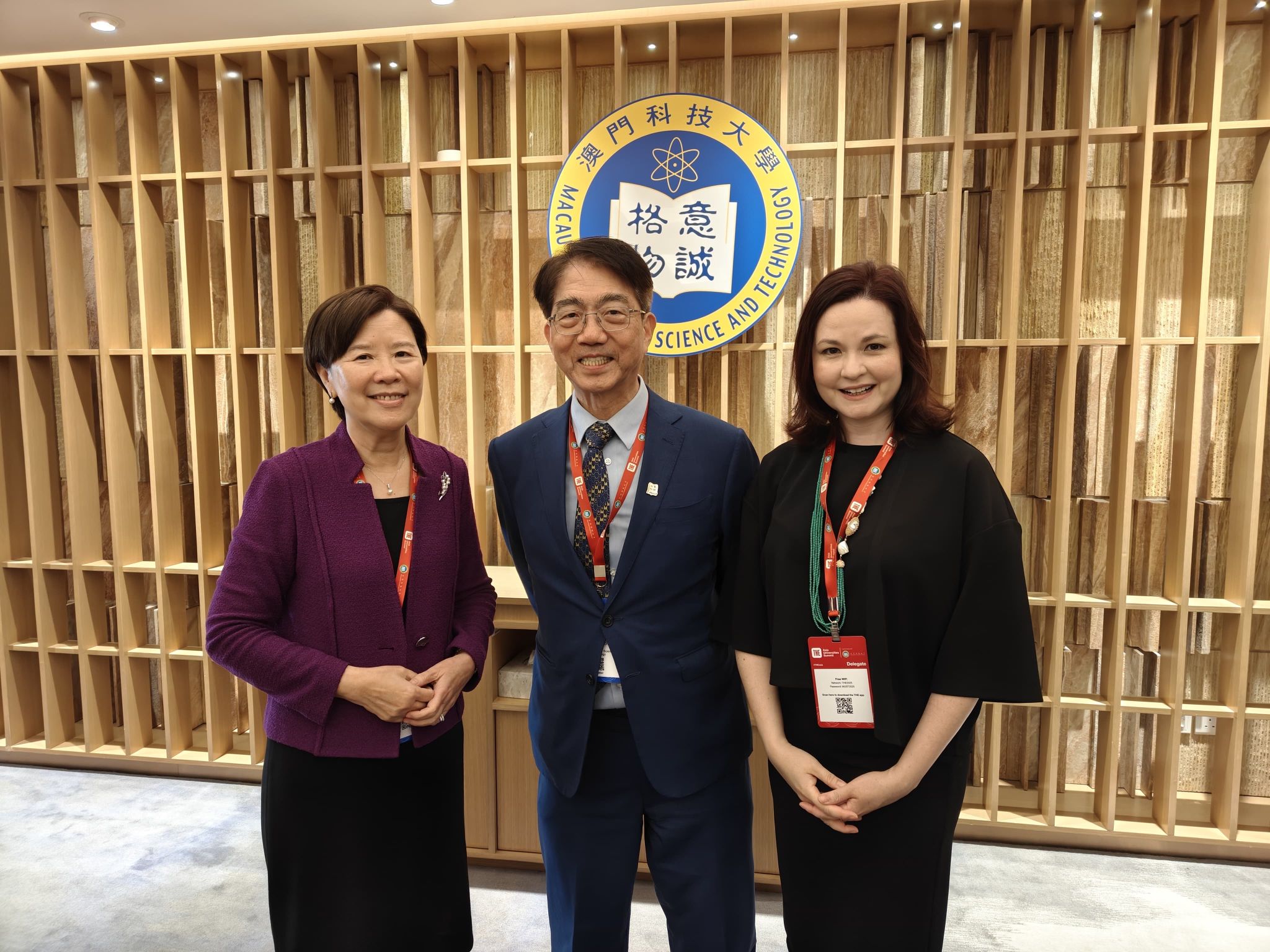 HKUST takes the torch from the Macau University of Science and Technology (MUST) to host Asia Universities Summit 2026. A group photo of HKUST President Prof. Nancy IP, MUST President Prof. Joseph LEE and HKUST Associate Provost (Institutional Data and Research) Dr. Alison LLOYD.