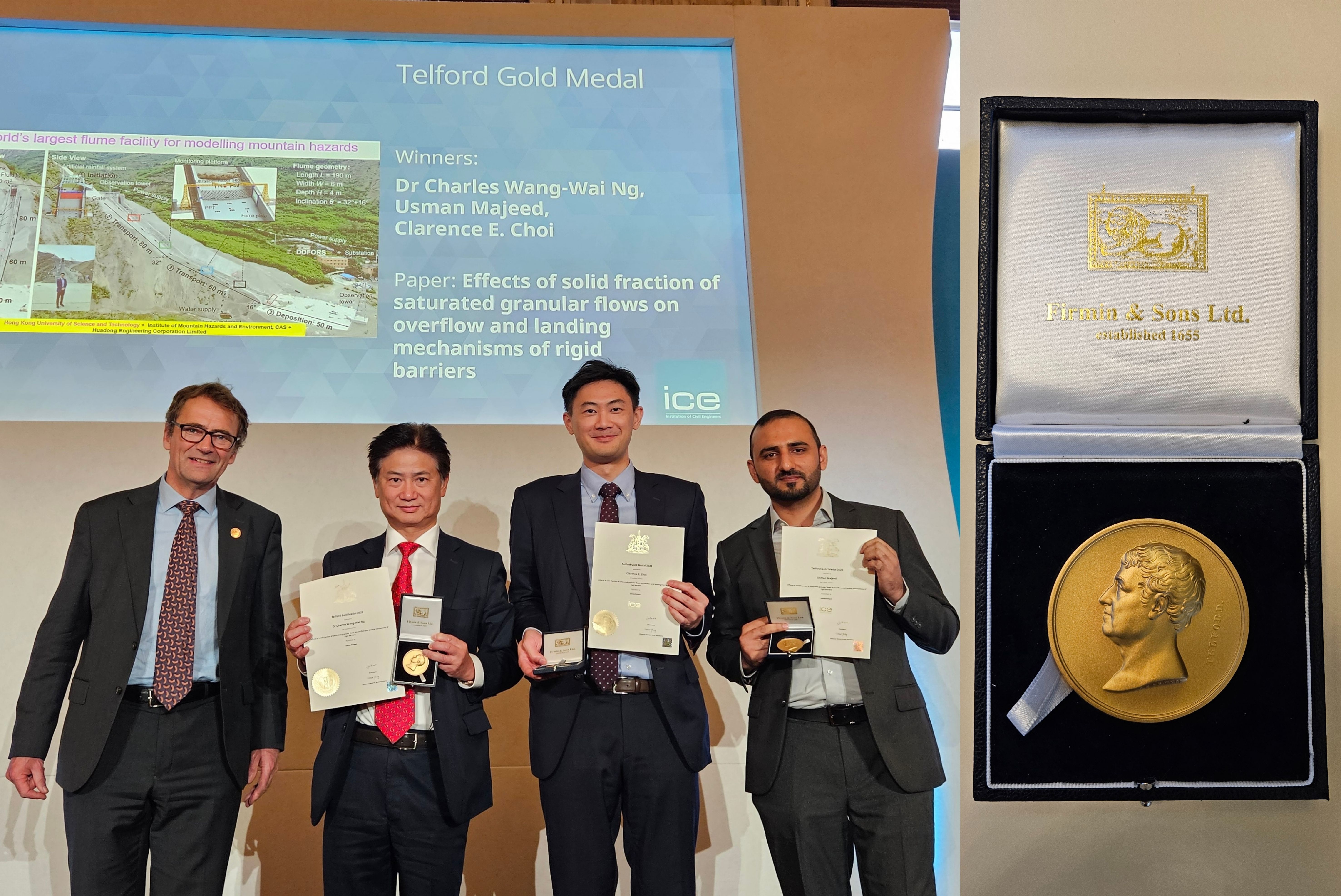 Prof. Charles Wang-Wai NG (second left) and his team received the Telford Gold Medal (picture on right) by the Institution of Civil Engineers (ICE) in London. With over 180 years of history, this prestigious award recognizes the most outstanding civil engineering publication of the past year. 