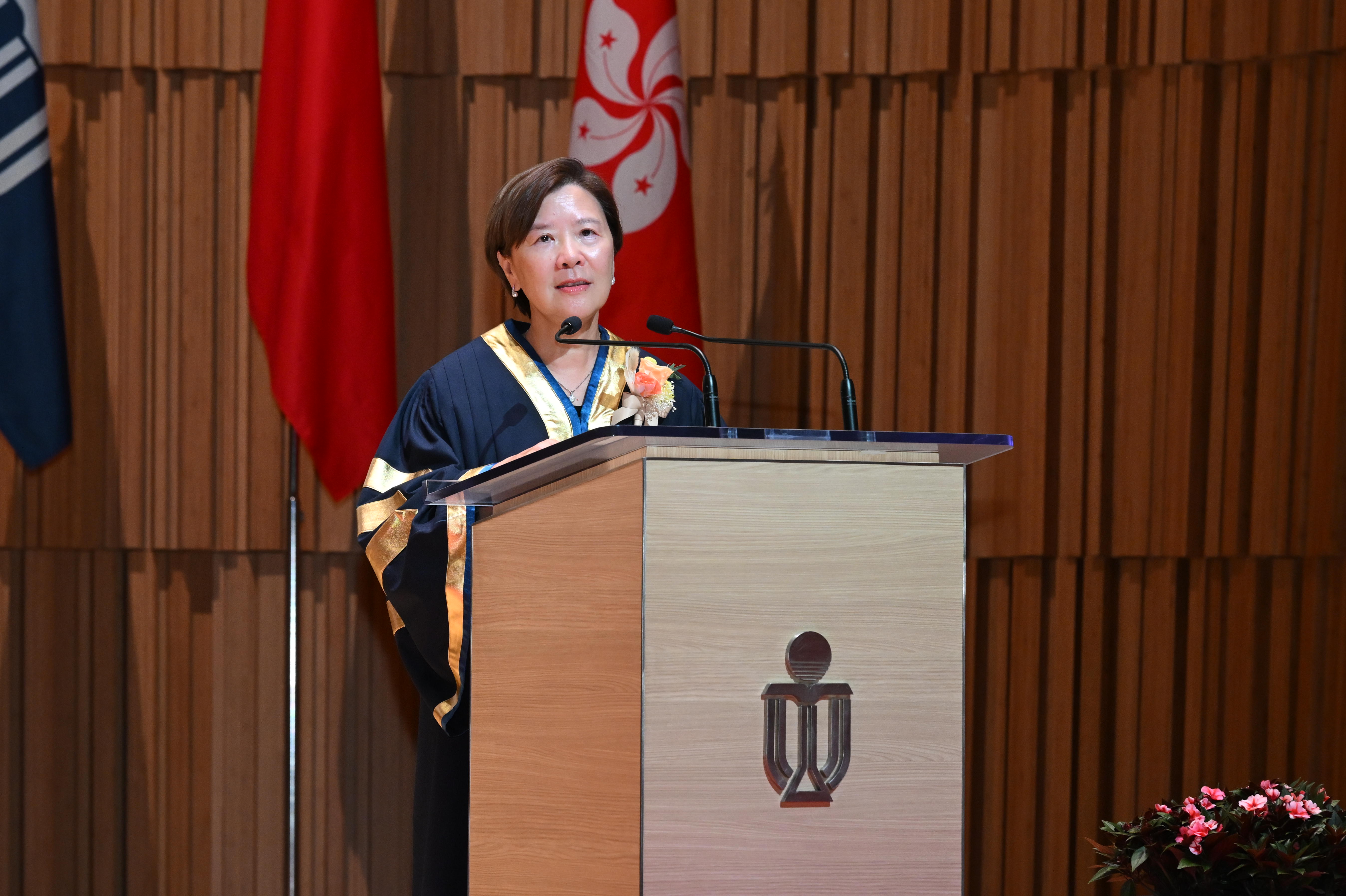 HKUST President Prof. Nancy Ip delivers welcoming address for the ceremony.