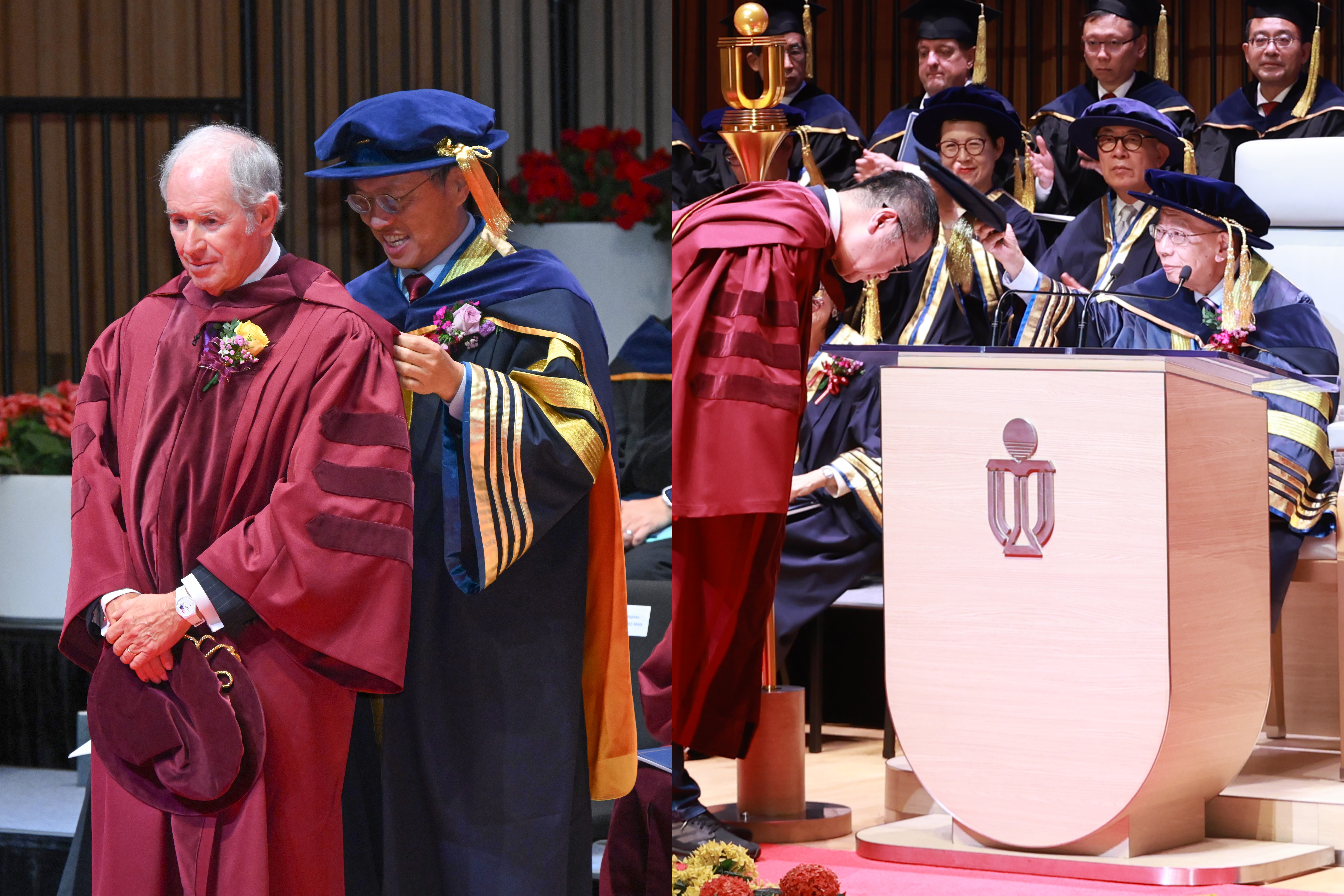 HKUST Pro-Chancellor Dr. John CHAN Cho-Chak (left photo) presided the Ceremony and confered Honorary Doctorates on the five prominent and distinguished leaders while HKUST Council Chairman Prof. Harry SHUM (right photo) hooded them.