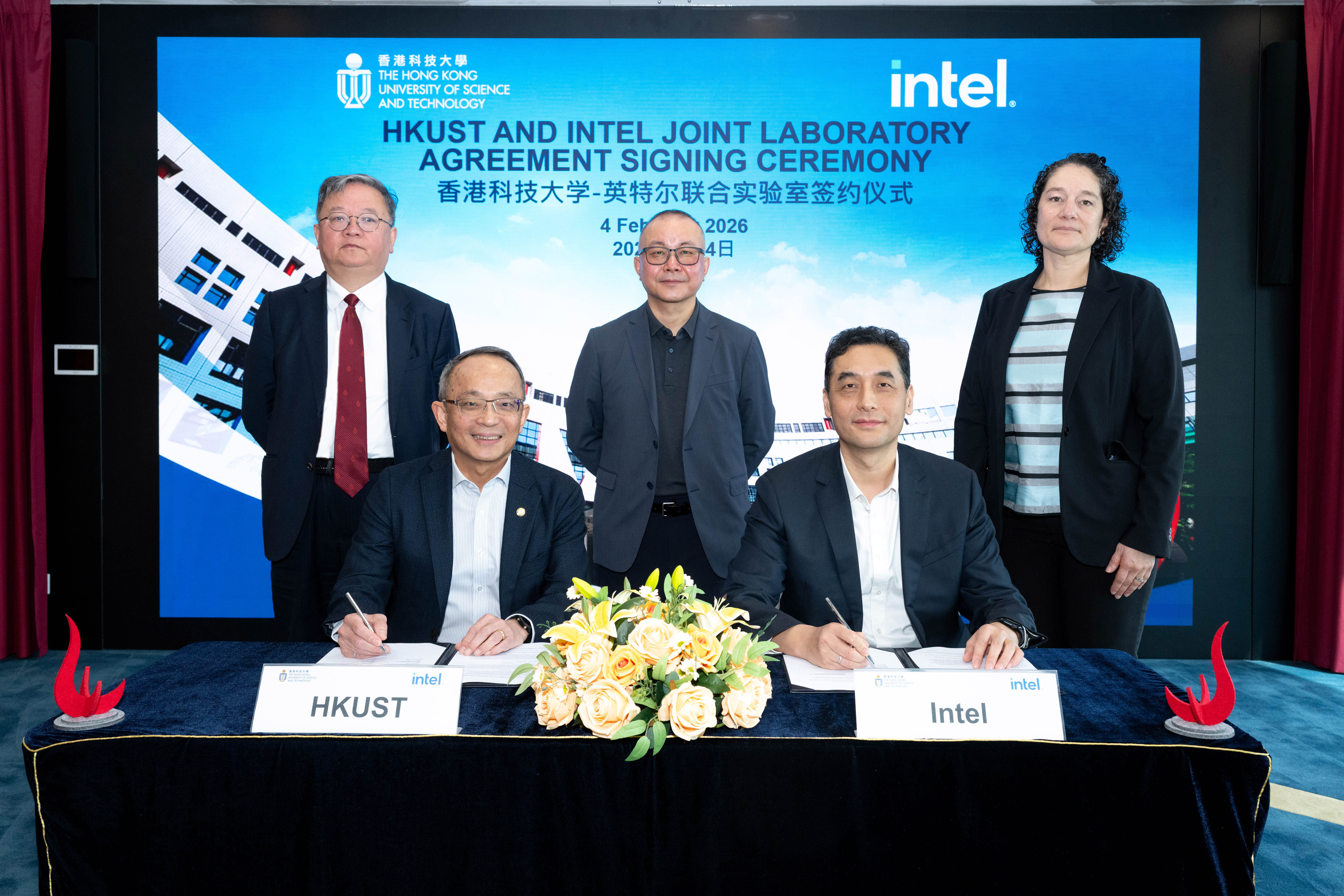 The agreement was witnessed by Prof. GUO Yike, Provost of HKUST (Left, back row); Mr. WANG Zhicong, Chairman of Intel China (Middle, back row), and Ms. Gabriela Cruz THOMPSON, Senior Director of University Research and Collaboration at Intel (Right, back row). It was signed by Prof. Tim Kwan-Ting CHENG, Vice-President for Research and Development of HKUST (Left, front row), and Mr. SONG Jiqiang, Director of Intel Labs China (Right, front row). 