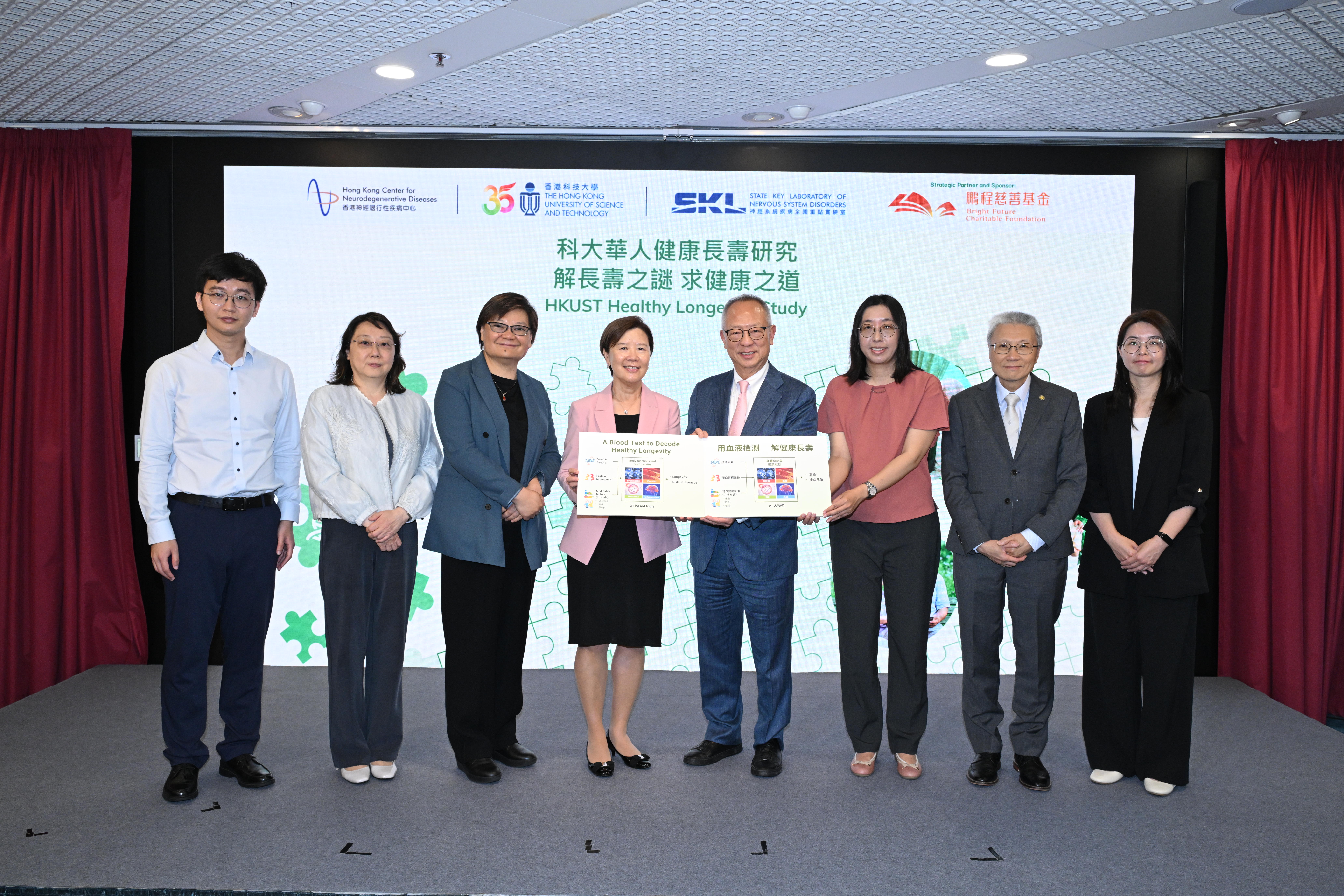 Prof. Nancy IP, HKUST President, Morningside Professor of Life Science and Director of the State Key Laboratory of Nervous System Disorders (forth left) and Dr. Roy CHUNG, Founder and Chairman of the Bright Future Charitable Foundation (forth right), take a group photo with research team members. The team members include Prof. Amy FU, Research Professor of  Division of Life Science at HKUST and R&D Director of InnoHK Hong Kong Center for Neurodegenerative Diseases (HKCeND) (third left); Dr. Anna WONG, Resea