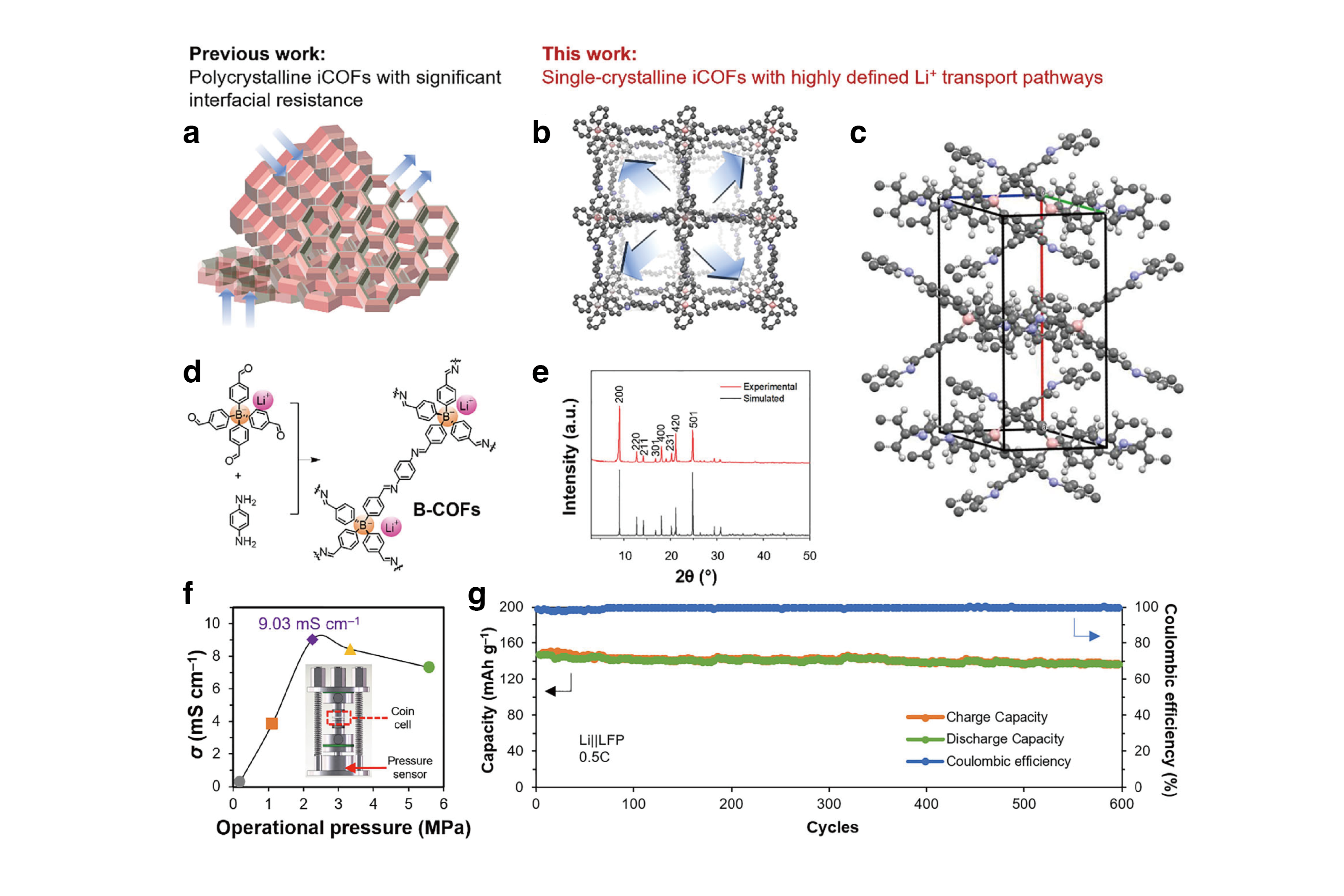 Schematic of Li+ transport in (a) previously studied 2D polycrystalline iCOFs and (b) 3D single crystalline B-COFs developed by the team. (c) Single crystal cell structure of B-COF obtained by micro electron diffraction.  (d) Schiff base condensation reaction scheme for B-COFs.  (e) Experimental powder X-ray diffraction data of B-COF.  (f) Ionic conductivities of pure B-COF under various pressures.  (g) Cycling in Li||LFP cells charged to 4.0 V with Li+@B-COF at 0.5 C.