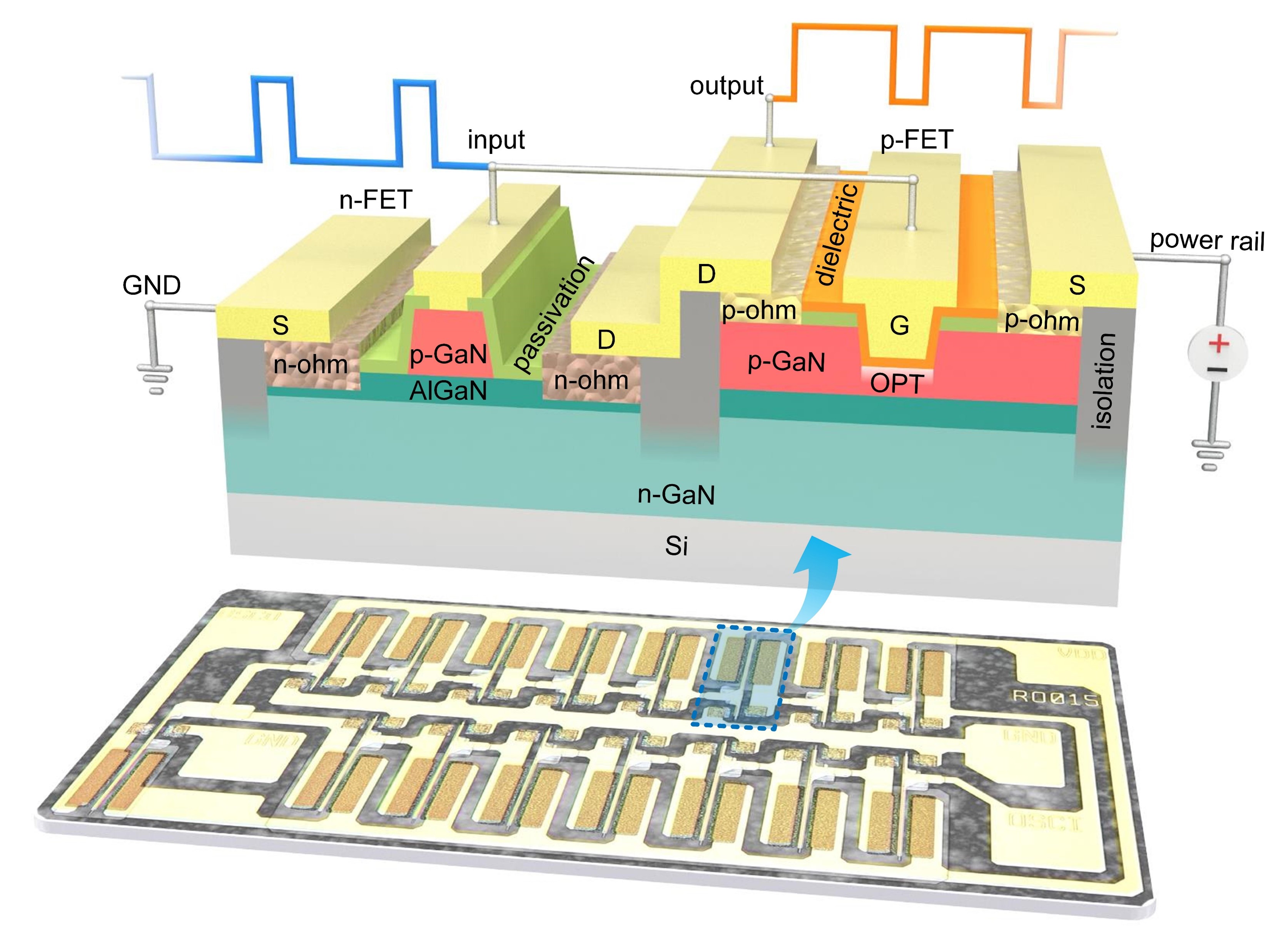 Photograph of a ring oscillator fabricated by the team and schematic of a single stage of GaN-based complementary logic inverter.