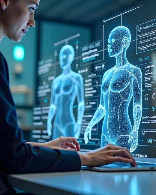 Woman looking at a futuristic hologram of a human-shaped figure