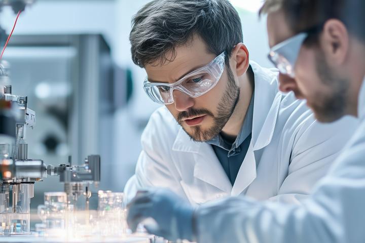 2 people in lab coats conducting an experiment
