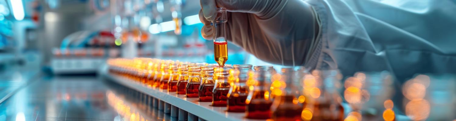 Person dripping red liquid in a small glass container