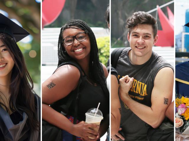 4 Smiling students. 2 in graduation togas and 2 in casual clothes