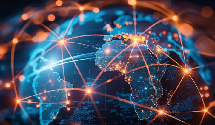 Digitally rendered Earth with red signals connecting various locations