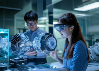 An AI-generated image showing students exploring mechanical and aerospace components via extended reality technology.