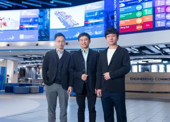 Prof. Gary Chan Shueng-Han (center), Professor of Computer Science and Engineering, and his team members Dr. Lai Ki-Kit (left), Manager of Innovation and Product Development, and Jerry Lin Zhongming (right), Assistant IT Manager, in front of the huge LED walls that display university entrances’ bus queue status and occupancy of selected study space on campus – one of the research innovations they developed and being newly featured at the Engineering Commons.
