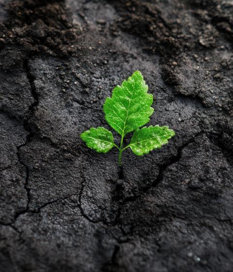 Small plant on moist soil